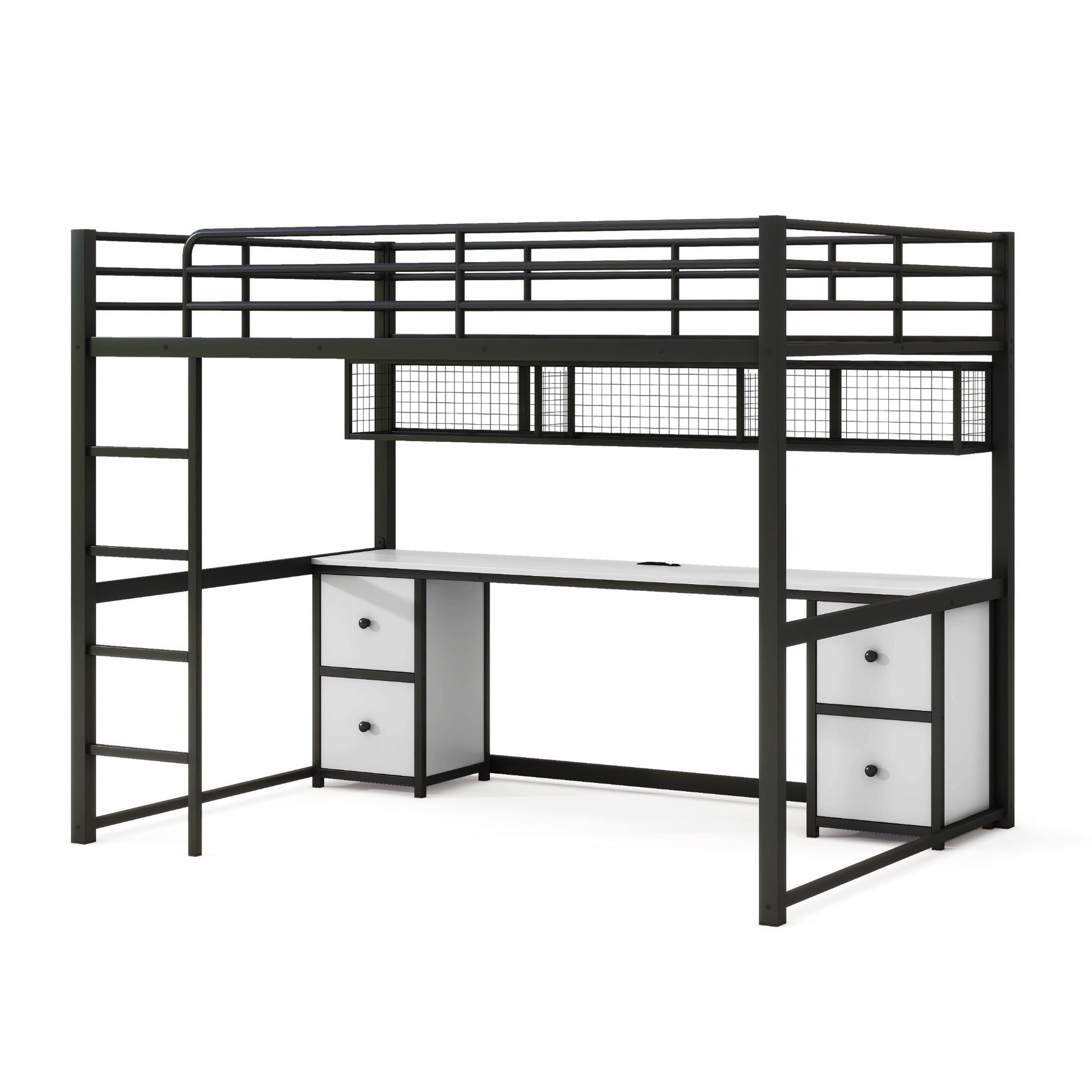 Full Size Metal Loft Bed With Desk, Drawers And Bedside Tray, Charging Station, Usb And Socket Black Mdf Metal