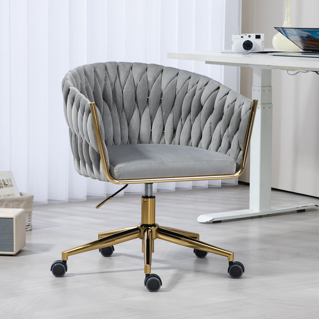 Modern Design The Backrest Is Hand Woven Office Chair,Vanity Chairs With Wheels,Height Adjustable,360 Swivel For Bedroom, Living Room Grey Grey Bedroom Foam Modern Office Chairs Foam Velvet