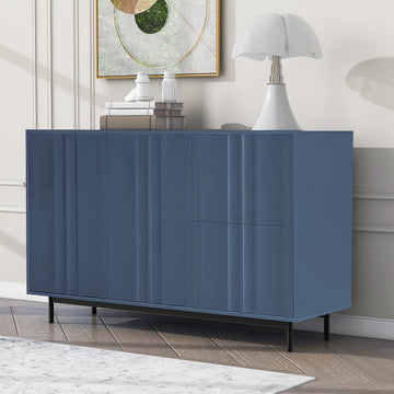 Wave Pattern Storage Cabinet With 2 Doors And 2 Drawers, Adjustable, Suitable For Study,Entrance And Living Room Navy Blue Mdf