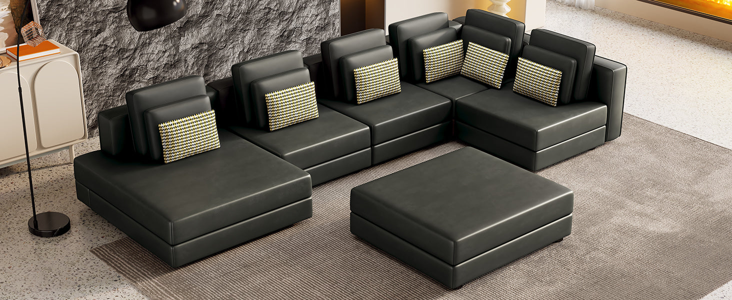 112.7" Modular Sectional Sofa Corner Sofa Chaise Lounge With Movable Ottoman For Living Room, Black Black Foam Palomino Fabric