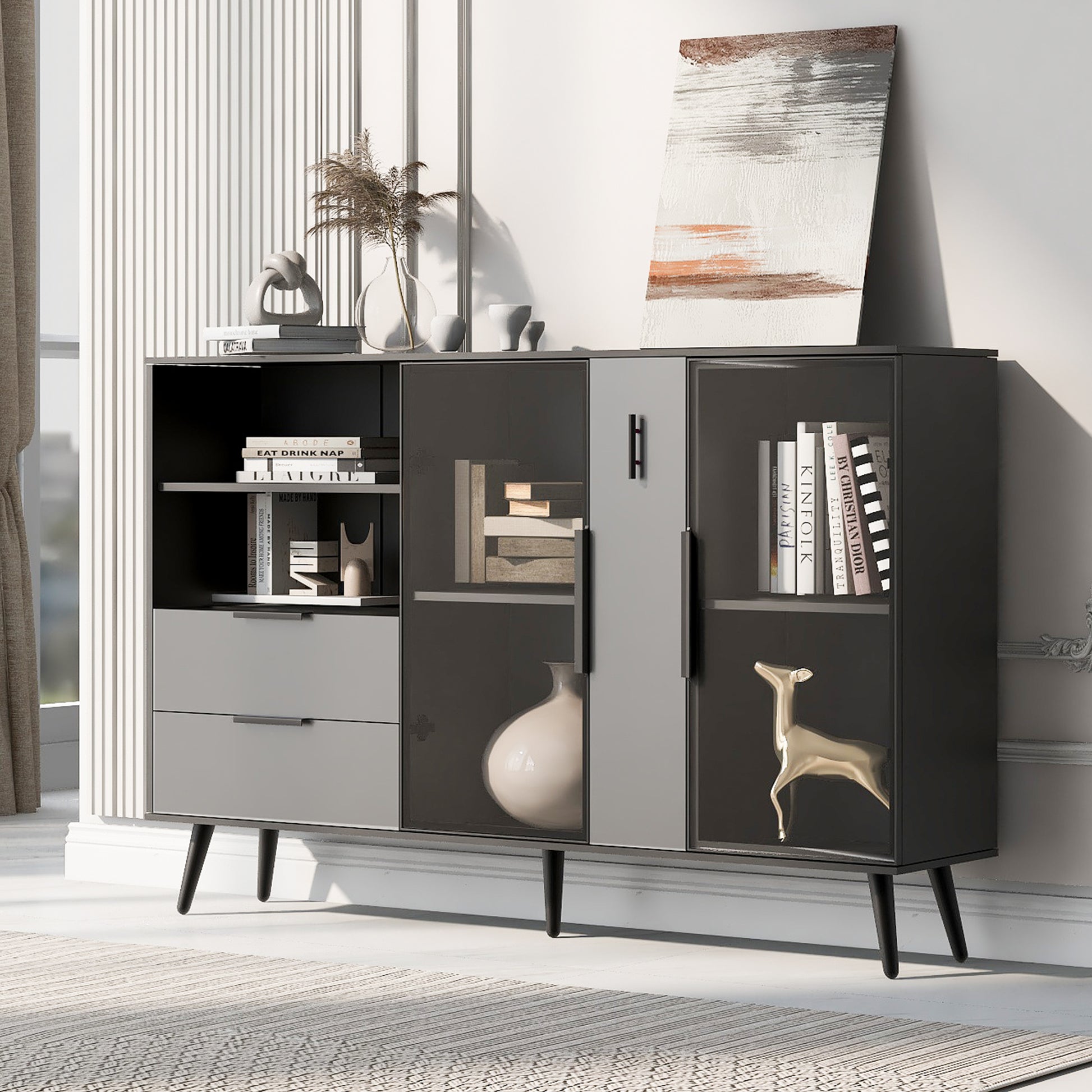 Featured Two Door Storage Cabinet With Two Drawers And Metal Handles, Suitable For Corridors, Entrances, Living Rooms. Black Gray Mdf