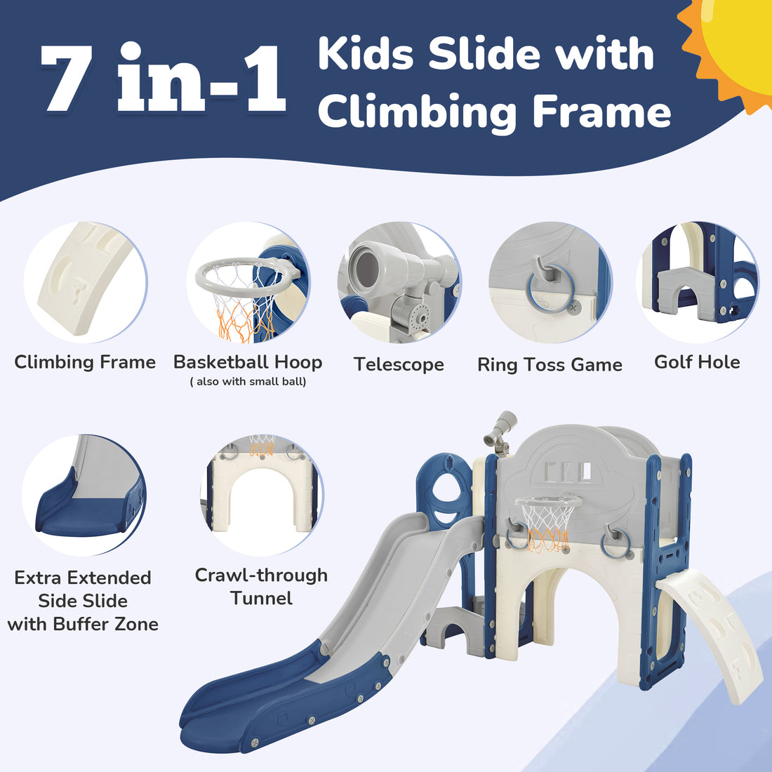 Kids Slide Playset Structure 7 In 1, Freestanding Space Set With Slide, Arch Tunnel, Ring Toss And Basketball Hoop, Toy Storage Organizer For Toddlers, Kids Climbers Playground Blue Grey Hdpe