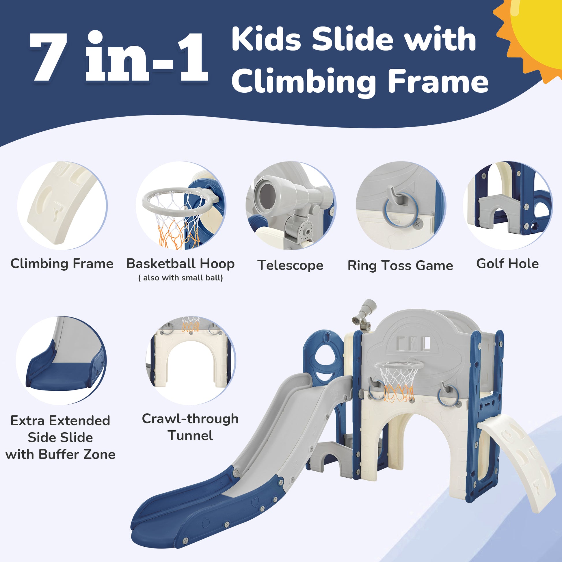 Kids Slide Playset Structure 7 In 1, Freestanding Space Set With Slide, Arch Tunnel, Ring Toss And Basketball Hoop, Toy Storage Organizer For Toddlers, Kids Climbers Playground Blue Grey Hdpe