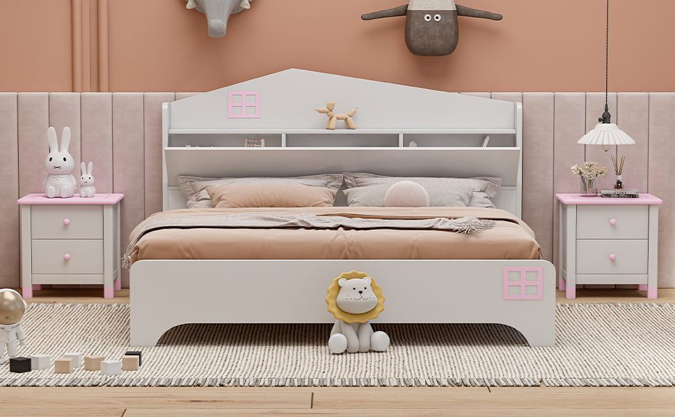 Wooden Full Size House Bed With Storage Headboard ,Kids Bed With Storage Shelf,White White Wood