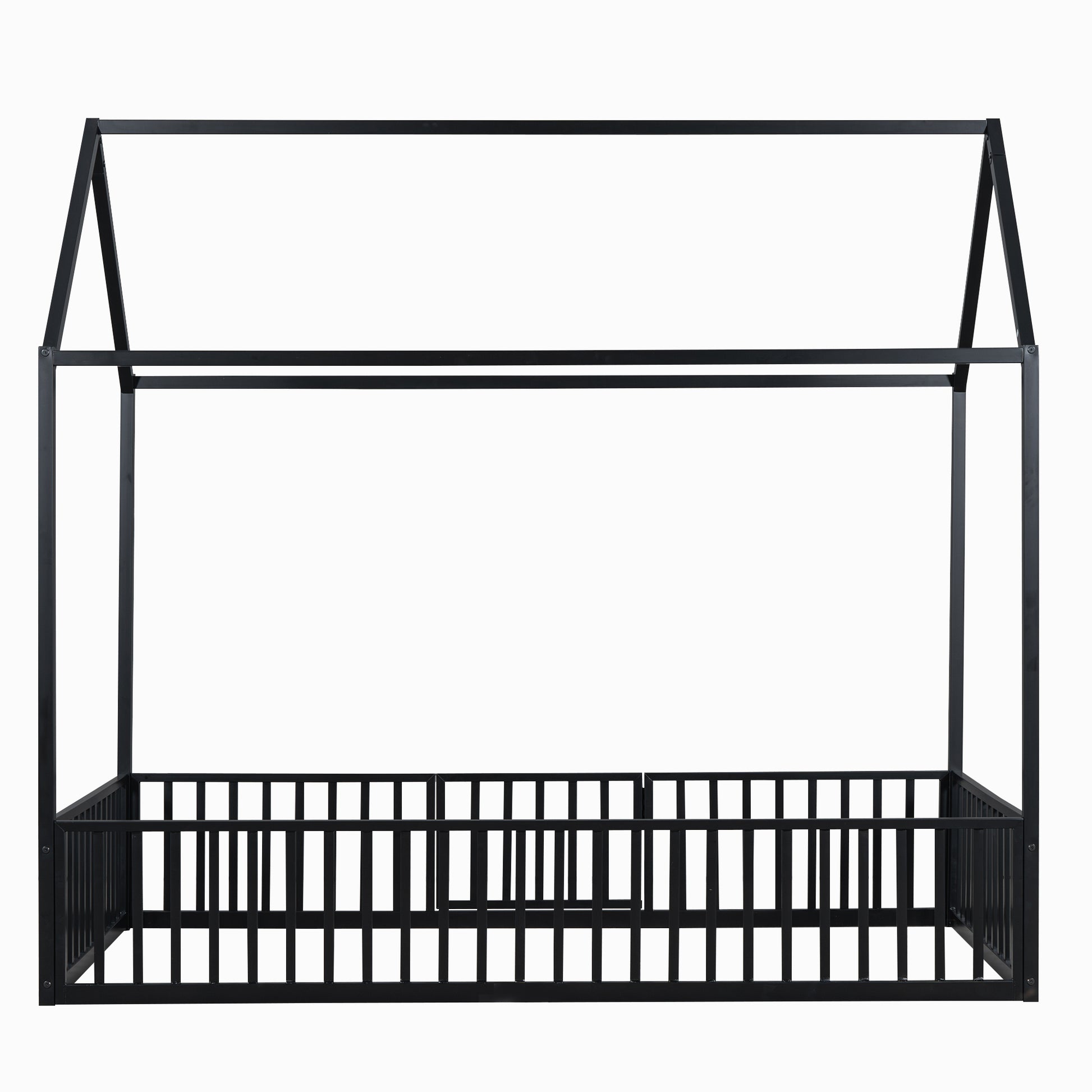 Twin Size Metal House Bed With Fence And Door, Black Black Metal