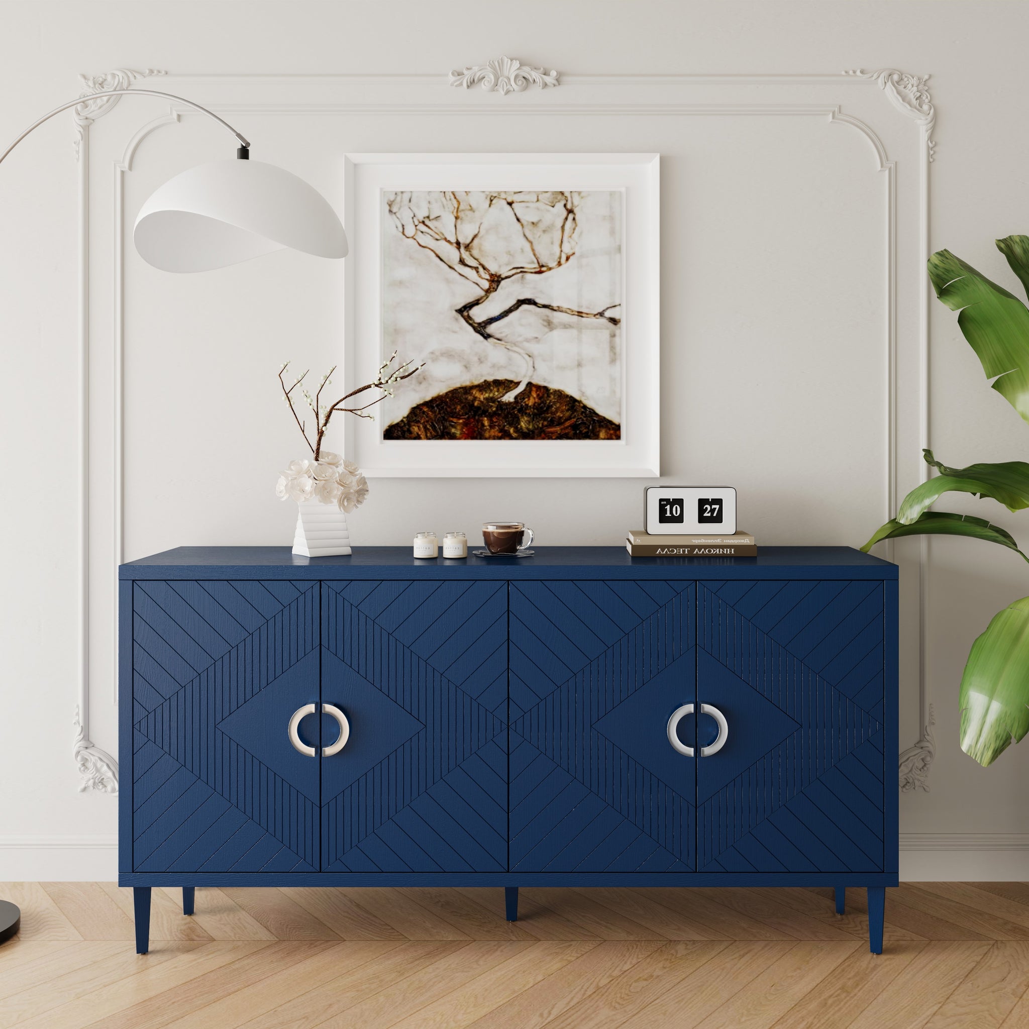 Stylish And Functional 4 Door Storage Cabinet With Pine Legs And Mdf, For Living Room Bedroom,And Kitchen,Navy Blue Navy Blue Mdf