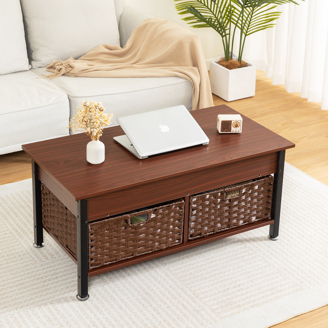 Metal Coffee Table,Desk,With A Lifting Table,And Hidden Storage Space.There Were Two Removable Wicker Baskets That Could Be Placed In Any Space Such As The Living Room,Color:Brownwith Solid Wood Grain Brown Height Adjustable & Standing Desks Primary