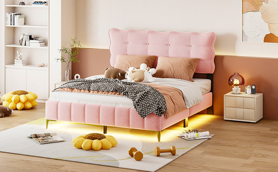 Queen Size Velvet Platform Bed With Led Frame And Stylish Mental Bed Legs, Pink Pink Velvet