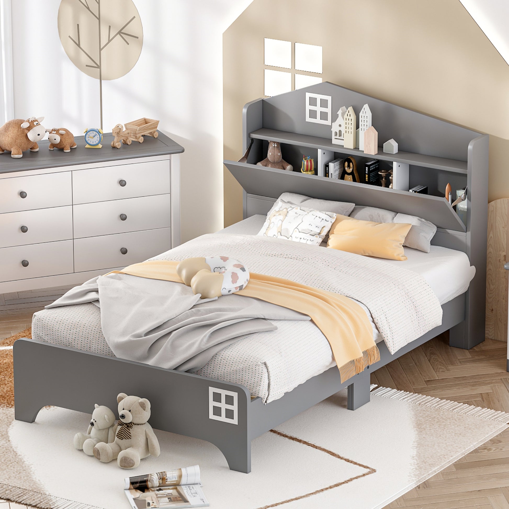 Wooden Twin Size House Bed With Storage Headboard ,Kids Bed With Storage Shelf,Grey Grey Wood