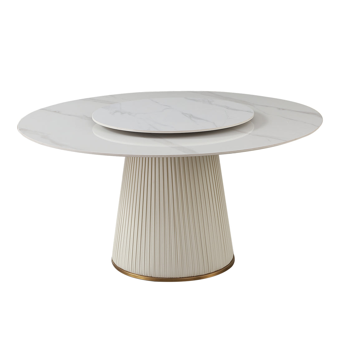 59"Modern Sintered Stone Dining Table With 31.5" Round Turntable With Wood And Metal Exquisite Pedestal With 8 Pcs Chairs . White Seats 8 American Design Round Sintered Stone