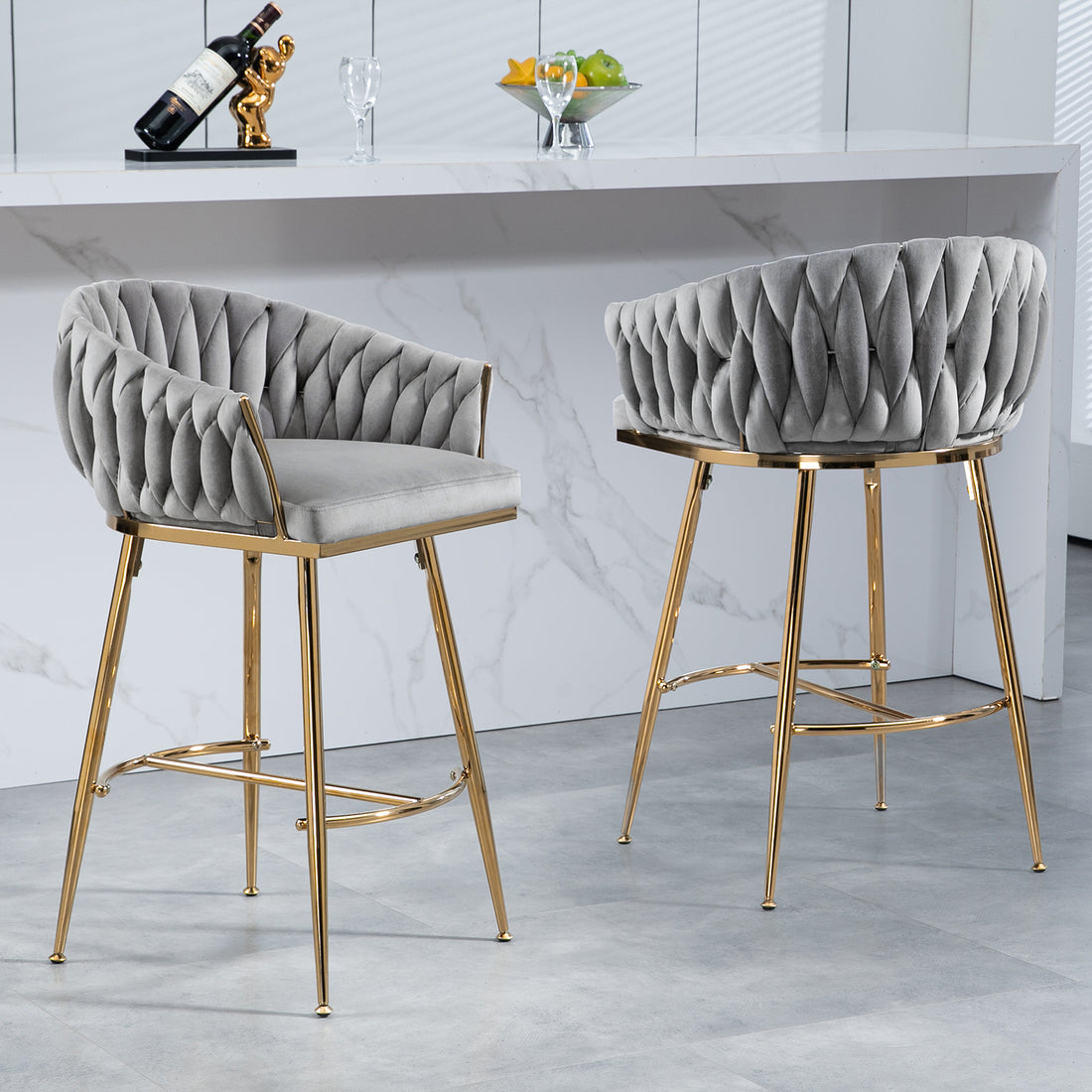 26'' Counter Height Bar Stools Set Of 2,Velvet Kitchen Island Counter Bar Stool With Hand Wave Back,Golden Chromed Base And Foot Rest Grey Grey Kitchen Modern Foam Velvet