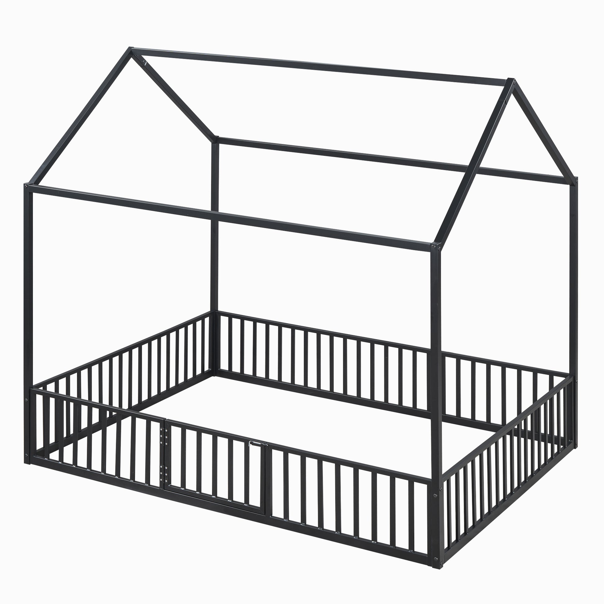 Full Size Metal House Bed With Fence And Door, Black Black Metal