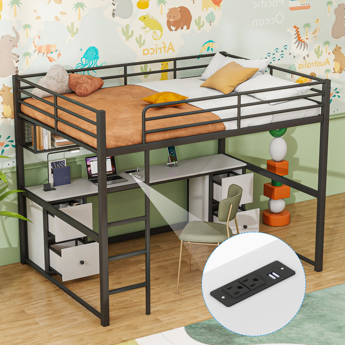 Full Size Metal Loft Bed With Desk, Drawers And Bedside Tray, Charging Station, Usb And Socket Black Mdf Metal