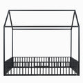 Full Size Metal House Bed With Fence And Door, Black Black Metal