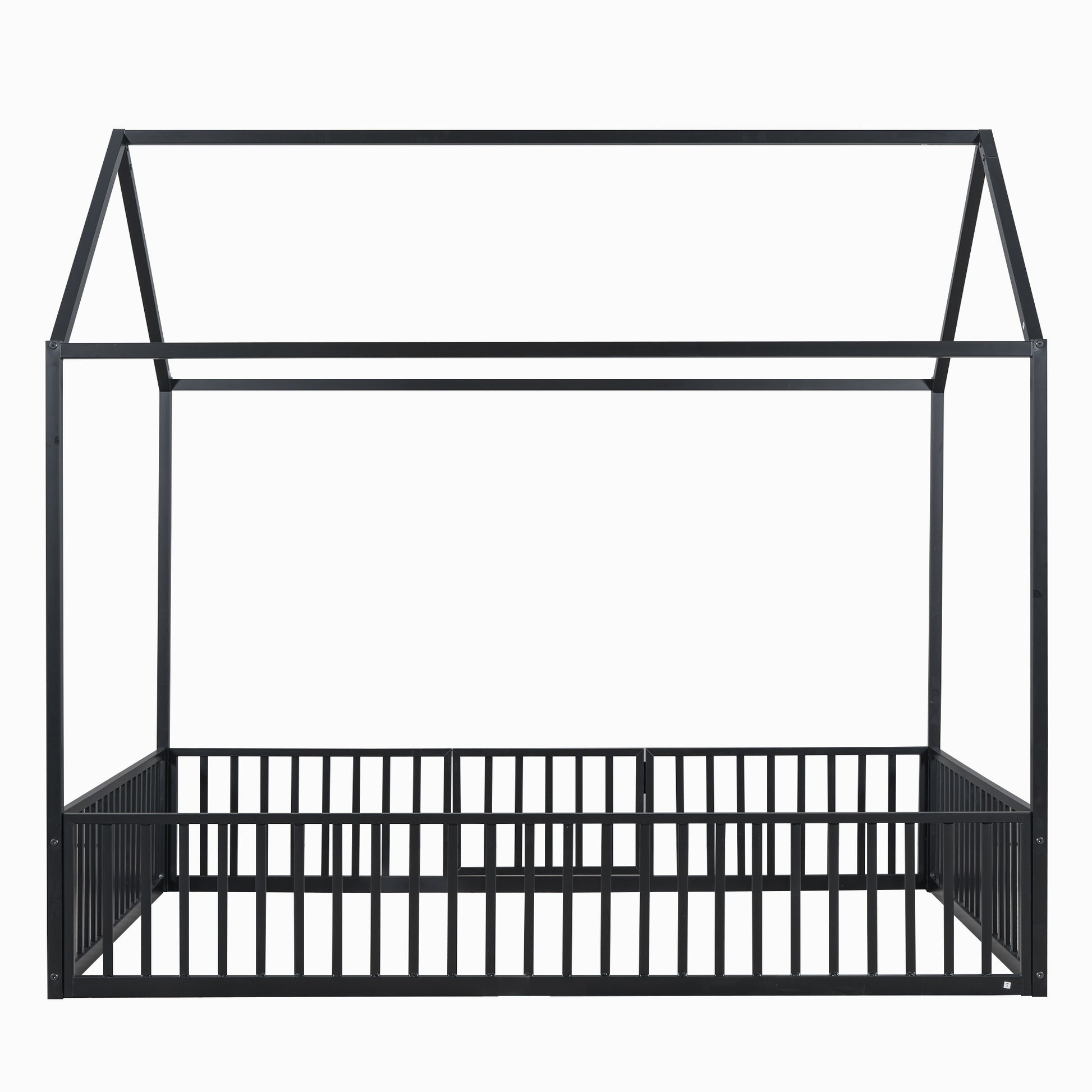 Full Size Metal House Bed With Fence And Door, Black Black Metal