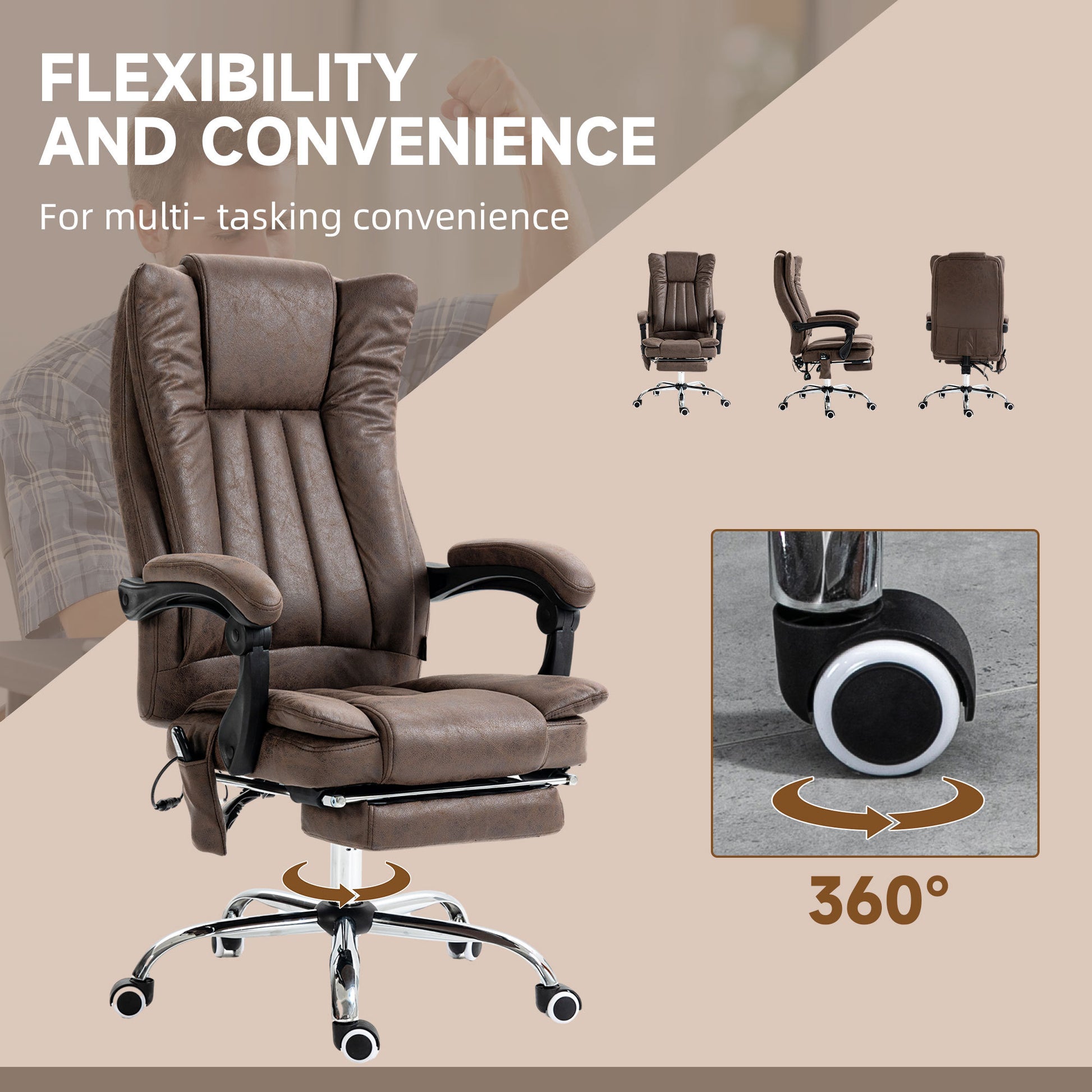 Vinsetto Microfiber Office Chair, High Back Computer Chair With 6 Point Massage, Heat, Adjustable Height And Retractable Footrest, Coffee Brown Polyester