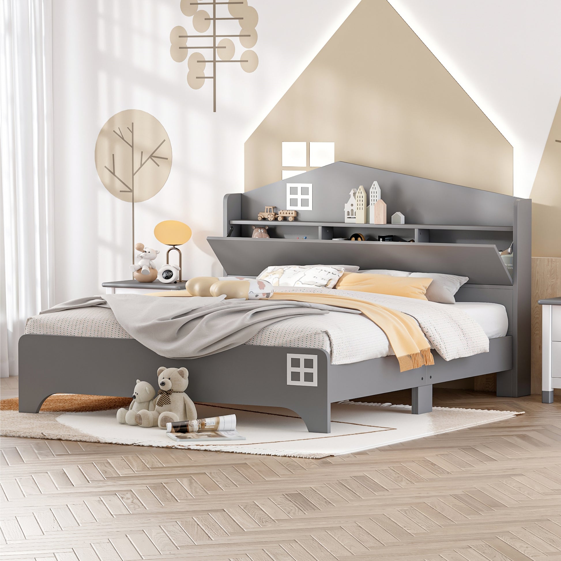 Wooden Full Size House Bed With Storage Headboard ,Kids Bed With Storage Shelf,Grey Grey Wood