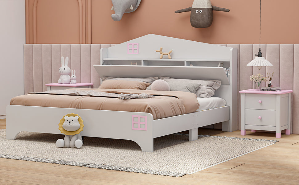 Wooden Full Size House Bed With Storage Headboard ,Kids Bed With Storage Shelf,White White Wood