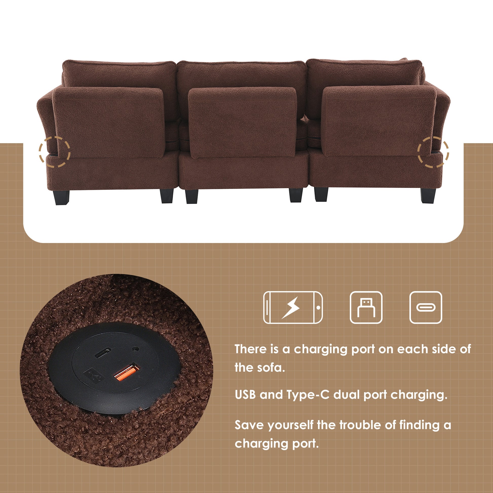 92*63"Modern Teddy Velvet Sectional Sofa,Charging Ports On Each Side,L Shaped Couch With Storage Ottoman,4 Seat Interior Furniture For Living Room, Apartment,3 Colors 3 Pillows Brown Teddy 4 Seat