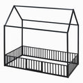 Twin Size Metal House Bed With Fence And Door, Black Black Metal