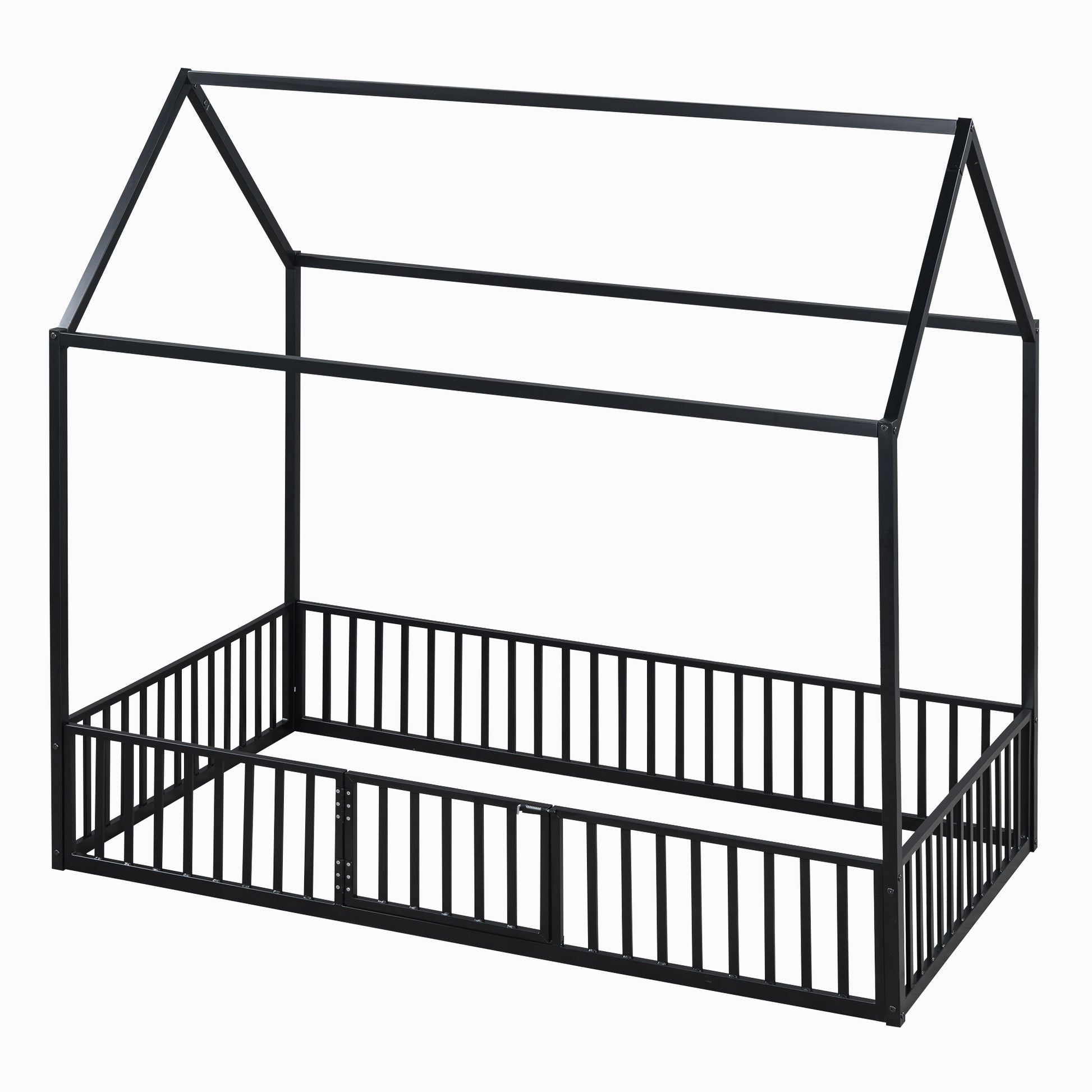 Twin Size Metal House Bed With Fence And Door, Black Black Metal