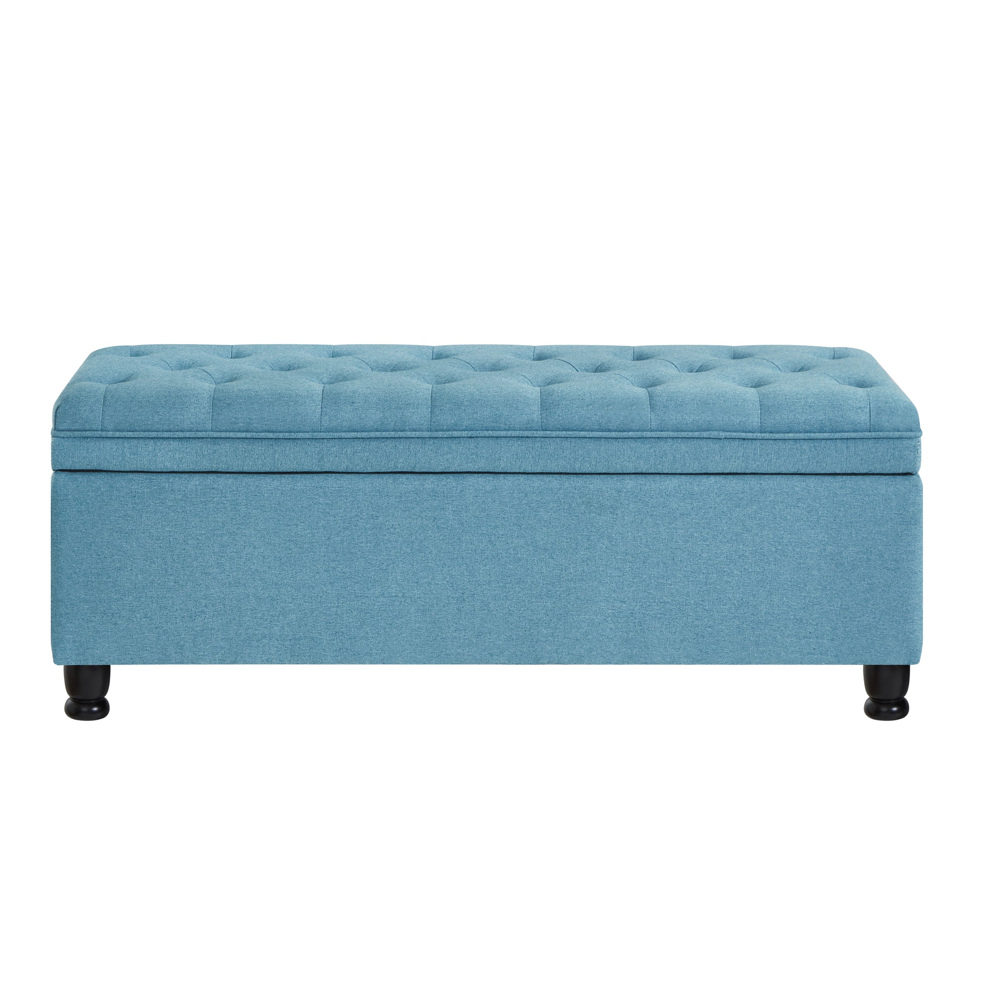 Upholstered Tufted Button Storage Bench ,Linen Fabric Entry Bench With Spindle Wooden Legs, Bed Bench Light Blue Tufted Light Blue Espresso Linen Or Linen Blend Primary Living Space Black American Design Rubberwood Wood Internal Storage Foam Linen