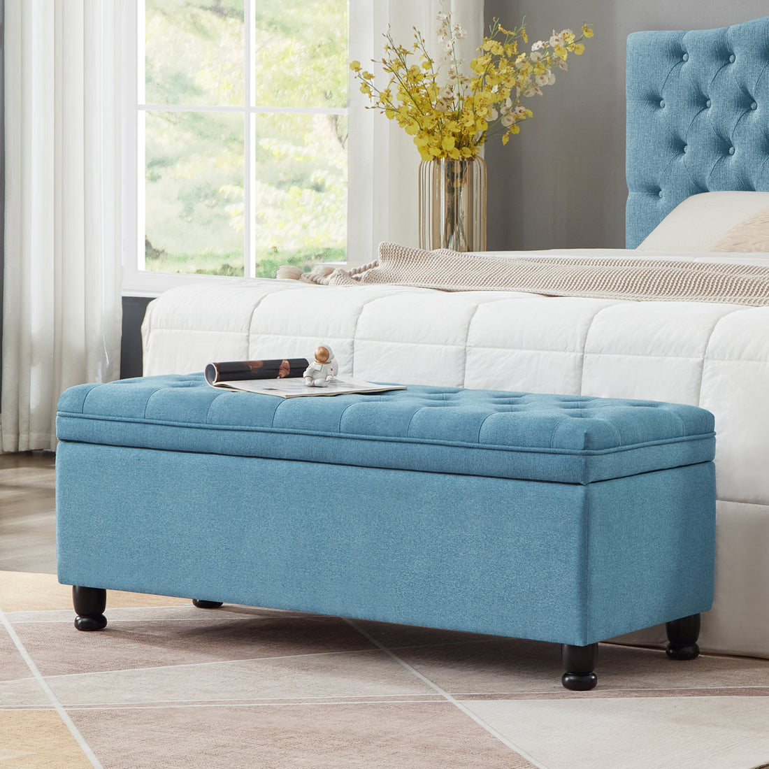 Upholstered Tufted Button Storage Bench ,Linen Fabric Entry Bench With Spindle Wooden Legs, Bed Bench Light Blue Tufted Light Blue Espresso Linen Or Linen Blend Primary Living Space Black American Design Rubberwood Wood Internal Storage Foam Linen