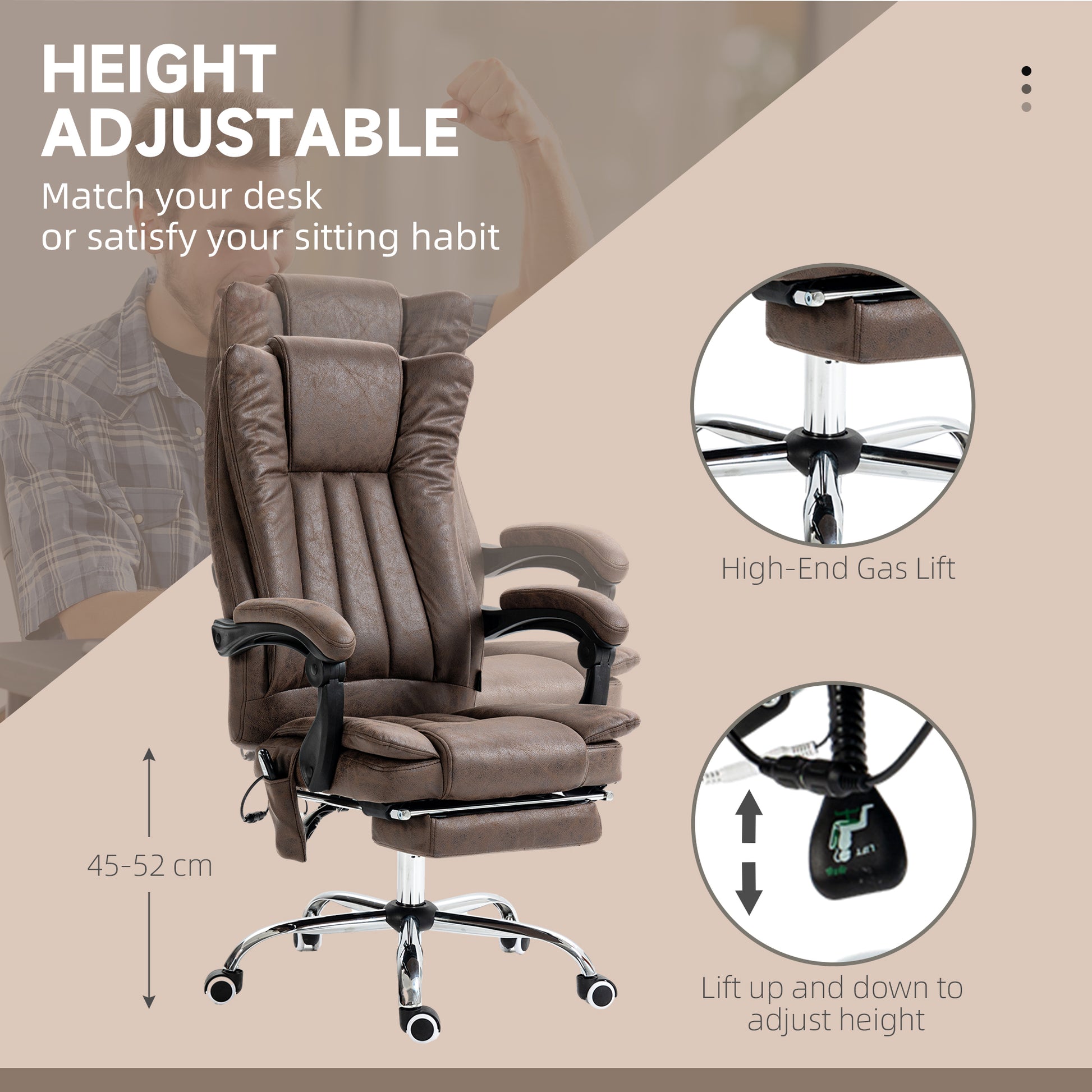 Vinsetto Microfiber Office Chair, High Back Computer Chair With 6 Point Massage, Heat, Adjustable Height And Retractable Footrest, Coffee Brown Polyester