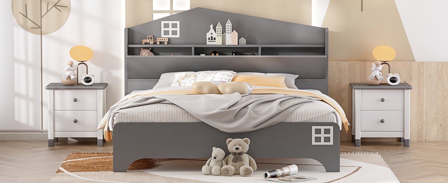 Wooden Full Size House Bed With Storage Headboard ,Kids Bed With Storage Shelf,Grey Grey Wood