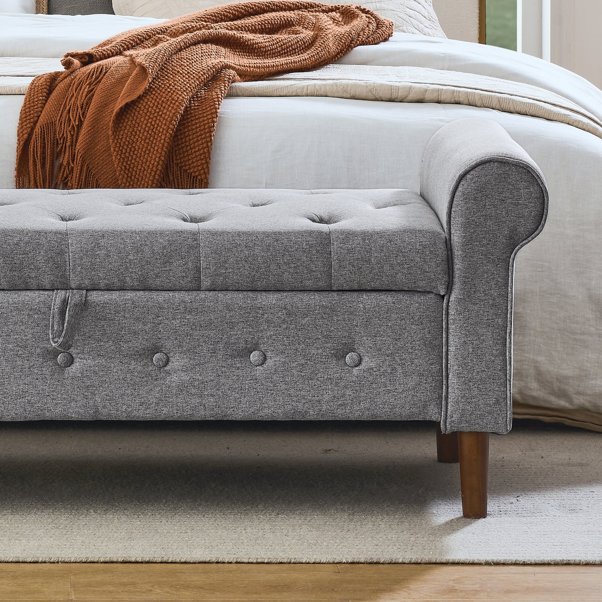 62" Bedroom Tufted Button Storage Bench, Modern Fabric Upholstered Ottoman, Window Bench, Rolled Arm Design For Bedroom, Living Room, Foyer Grey Grey Foam Fabric