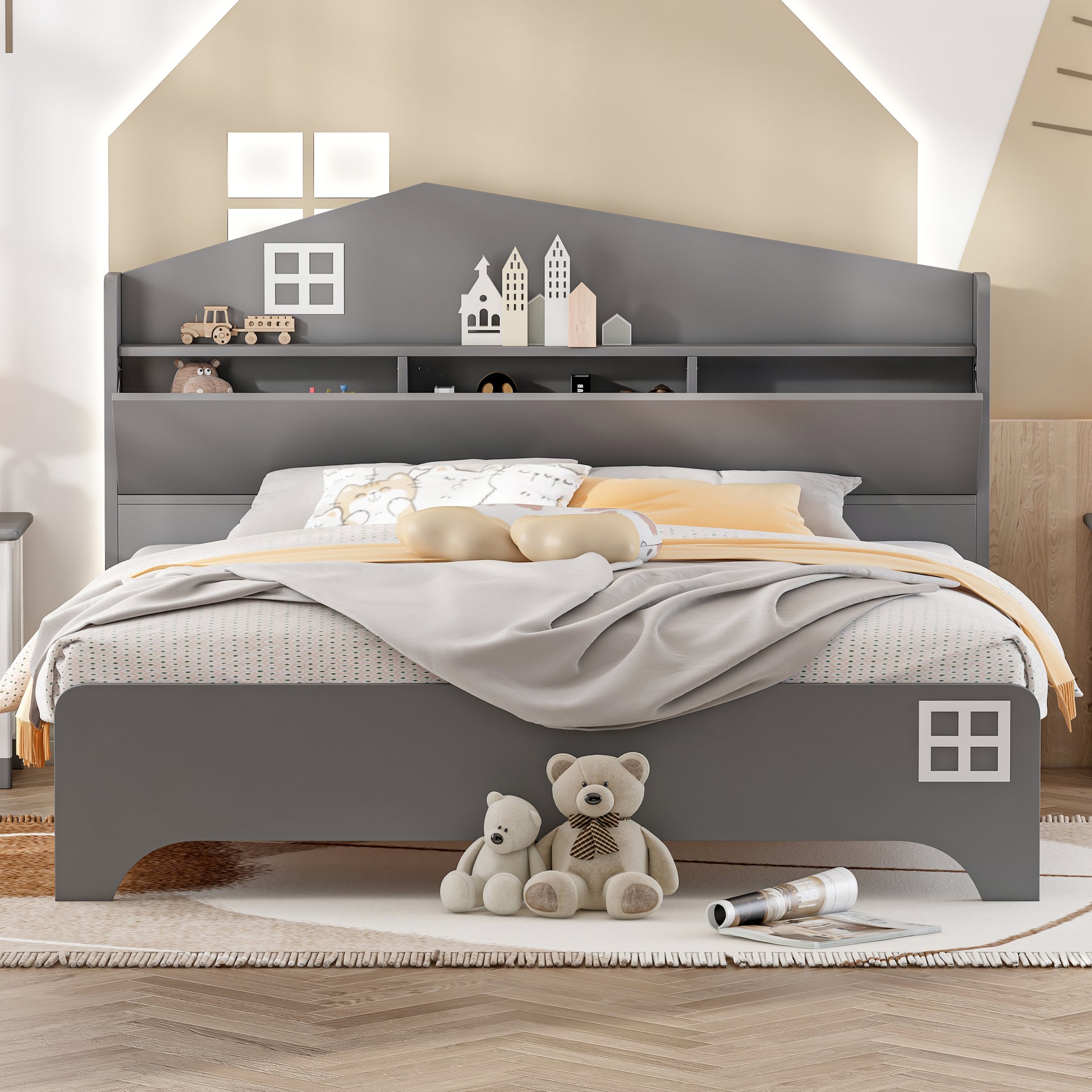 Wooden Full Size House Bed With Storage Headboard ,Kids Bed With Storage Shelf,Grey Grey Wood