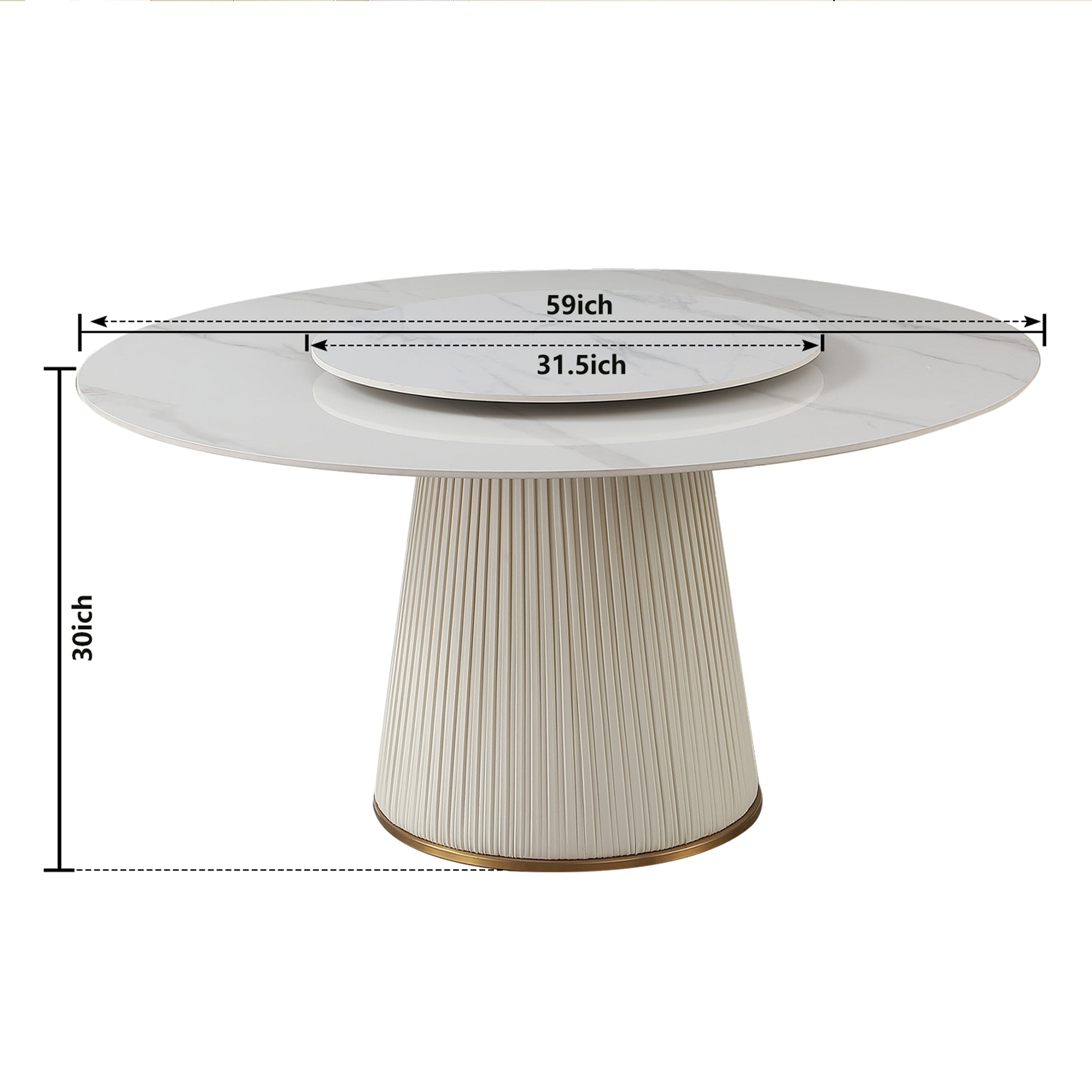 59"Modern Sintered Stone Dining Table With 31.5" Round Turntable With Wood And Metal Exquisite Pedestal With 8 Pcs Chairs . White Seats 8 American Design Round Sintered Stone