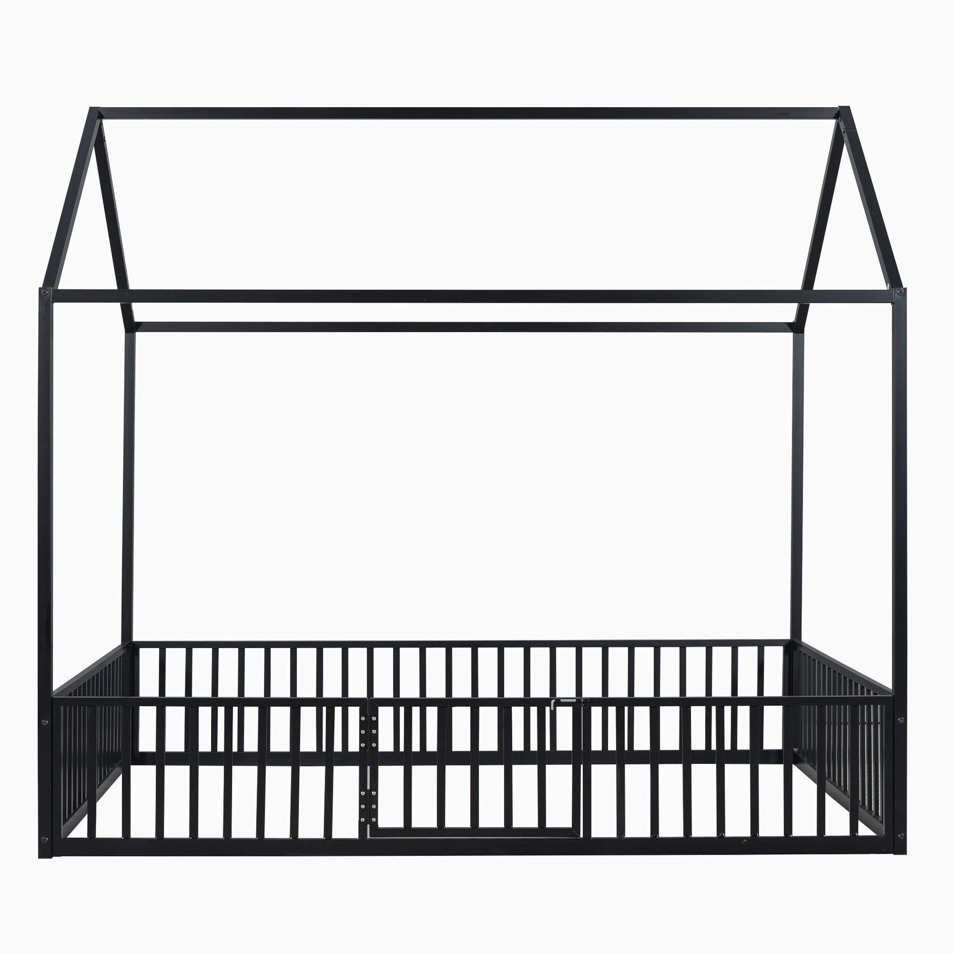 Full Size Metal House Bed With Fence And Door, Black Black Metal