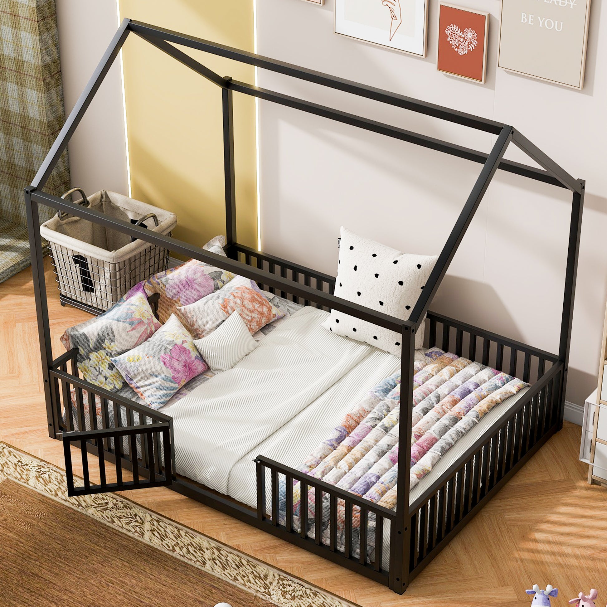 Full Size Metal House Bed With Fence And Door, Black Black Metal