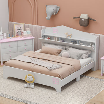 Wooden Full Size House Bed With Storage Headboard ,Kids Bed With Storage Shelf,White White Wood