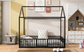 Full Size Metal House Bed With Fence And Door, Black Black Metal