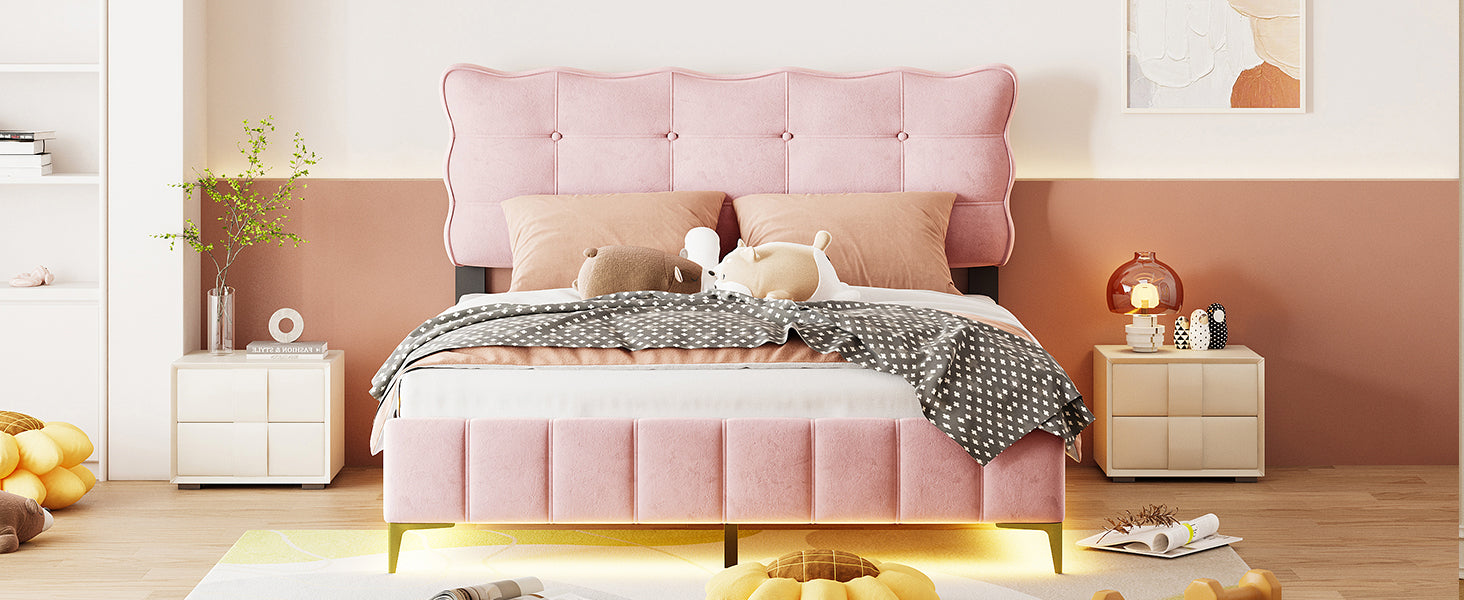 Queen Size Velvet Platform Bed With Led Frame And Stylish Mental Bed Legs, Pink Pink Velvet