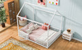 Full Size Metal House Bed With Fence And Door, White White Metal