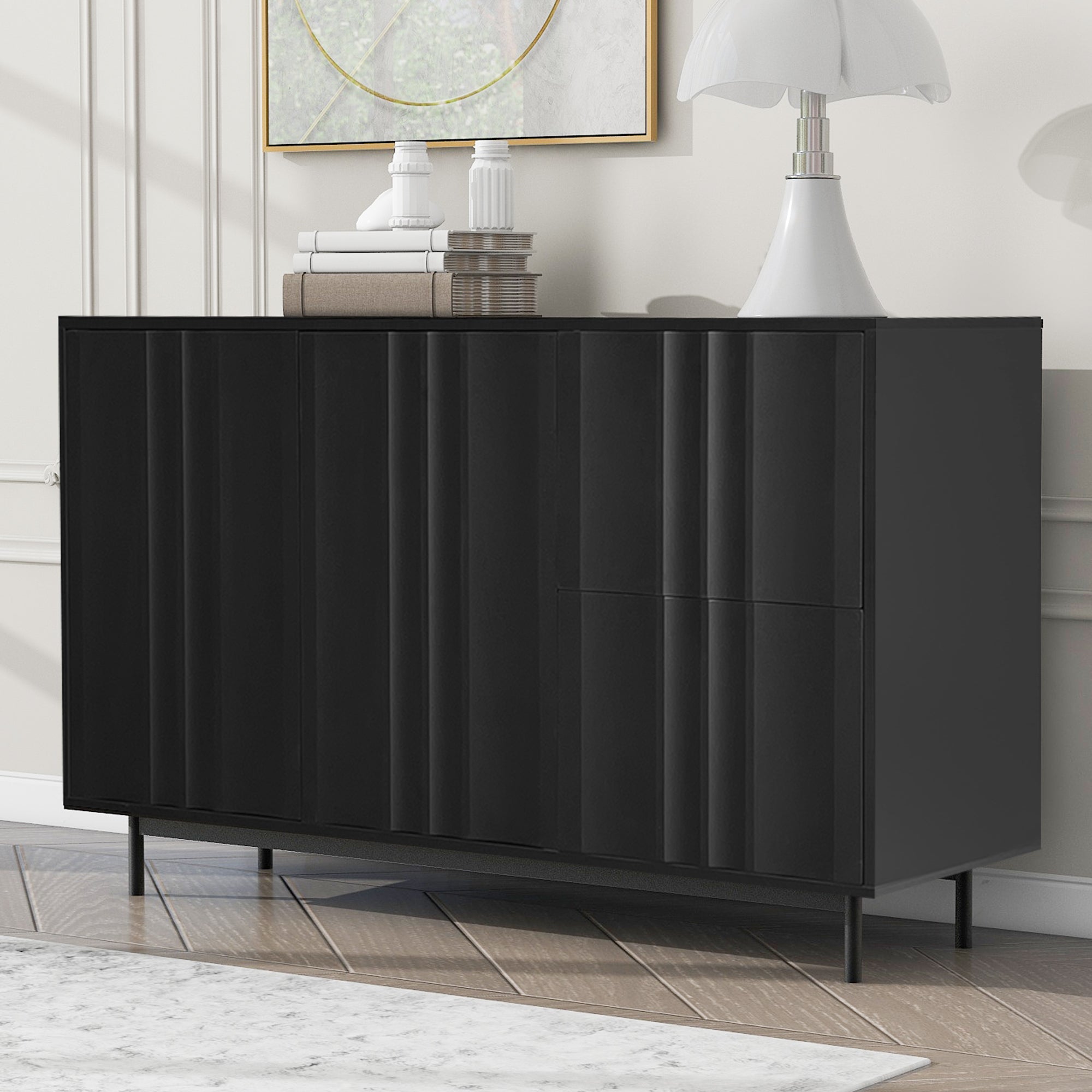 Wave Pattern Storage Cabinet With 2 Doors And 2 Drawers, Adjustable, Suitable For Study,Entrance And Living Room Black Mdf