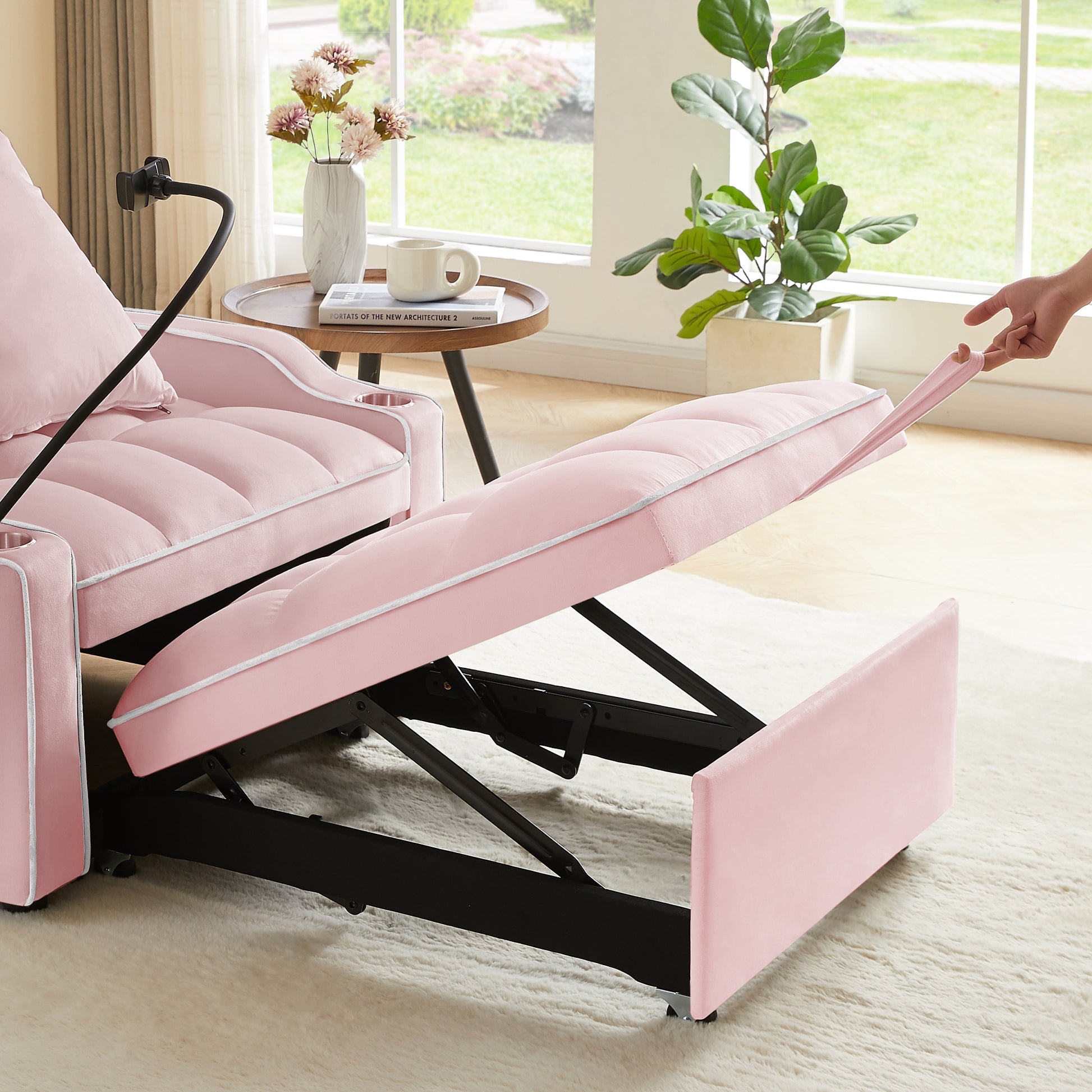 3 In 1 Sofa Bed, Convertible Sleeper Chair Sofa Bed Adjustable Pull Out Sleeper Chair Bed Multi Pockets Folding Sofa Bed For Living Room Bedroom Small Space Pink Pink Velvet 1 Seat