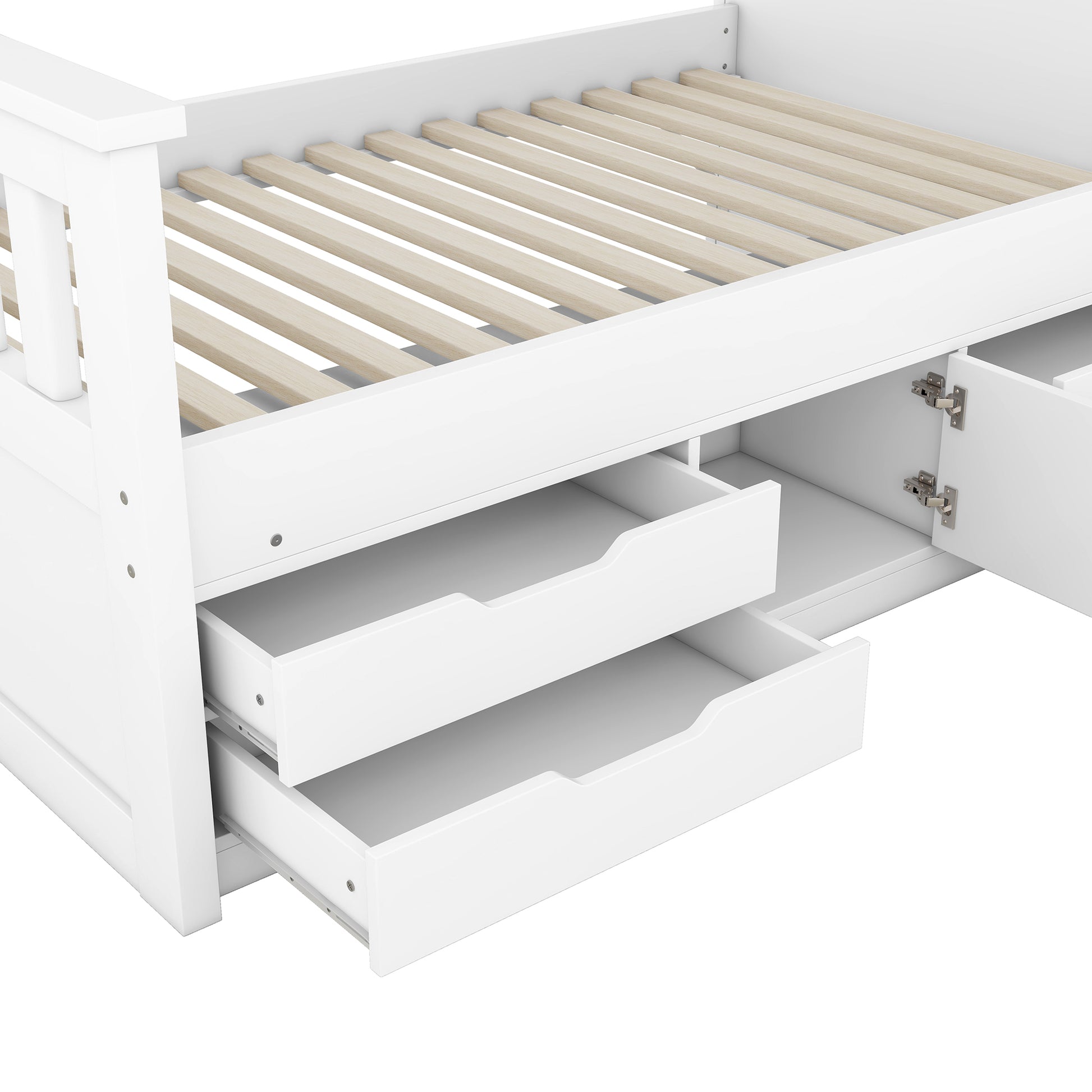 Twin Size Captain Platform Bed Frame With Storage Bookcases And Shelves,Four Drawers,White Twin White Solid Wood Mdf