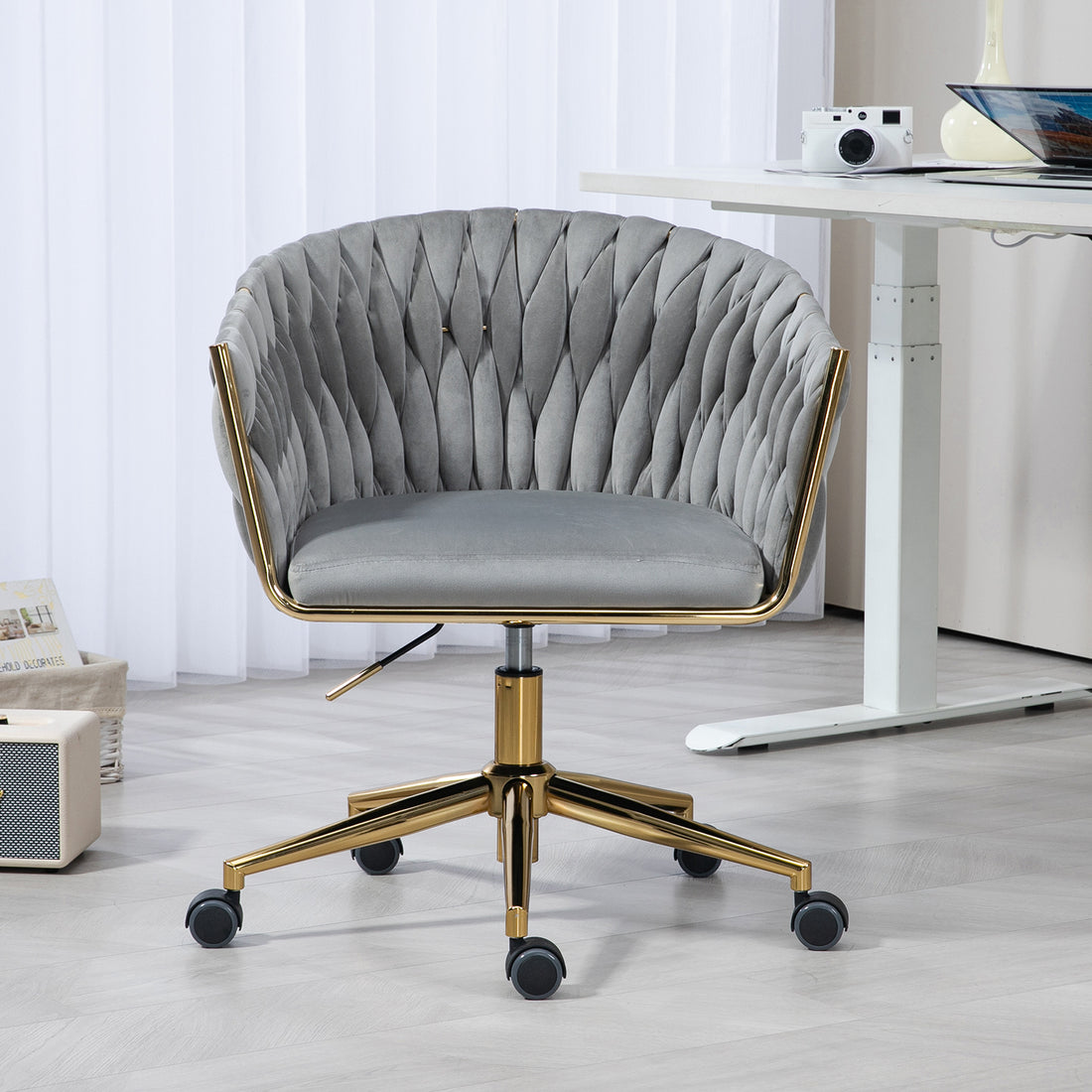 Modern Design The Backrest Is Hand Woven Office Chair,Vanity Chairs With Wheels,Height Adjustable,360 Swivel For Bedroom, Living Room Grey Grey Bedroom Foam Modern Office Chairs Foam Velvet