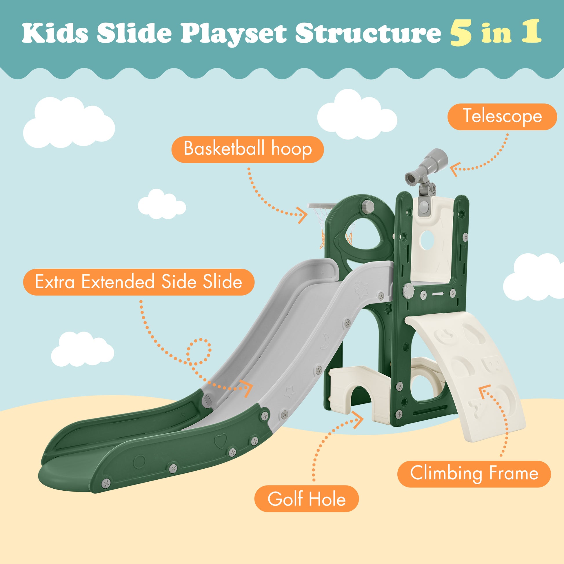 Kids Slide Playset Structure 5 In 1, Freestanding Space Set With Slide, Telescope And Basketball Hoop, Golf Holes For Toddlers, Kids Climbers Playground Green Hdpe