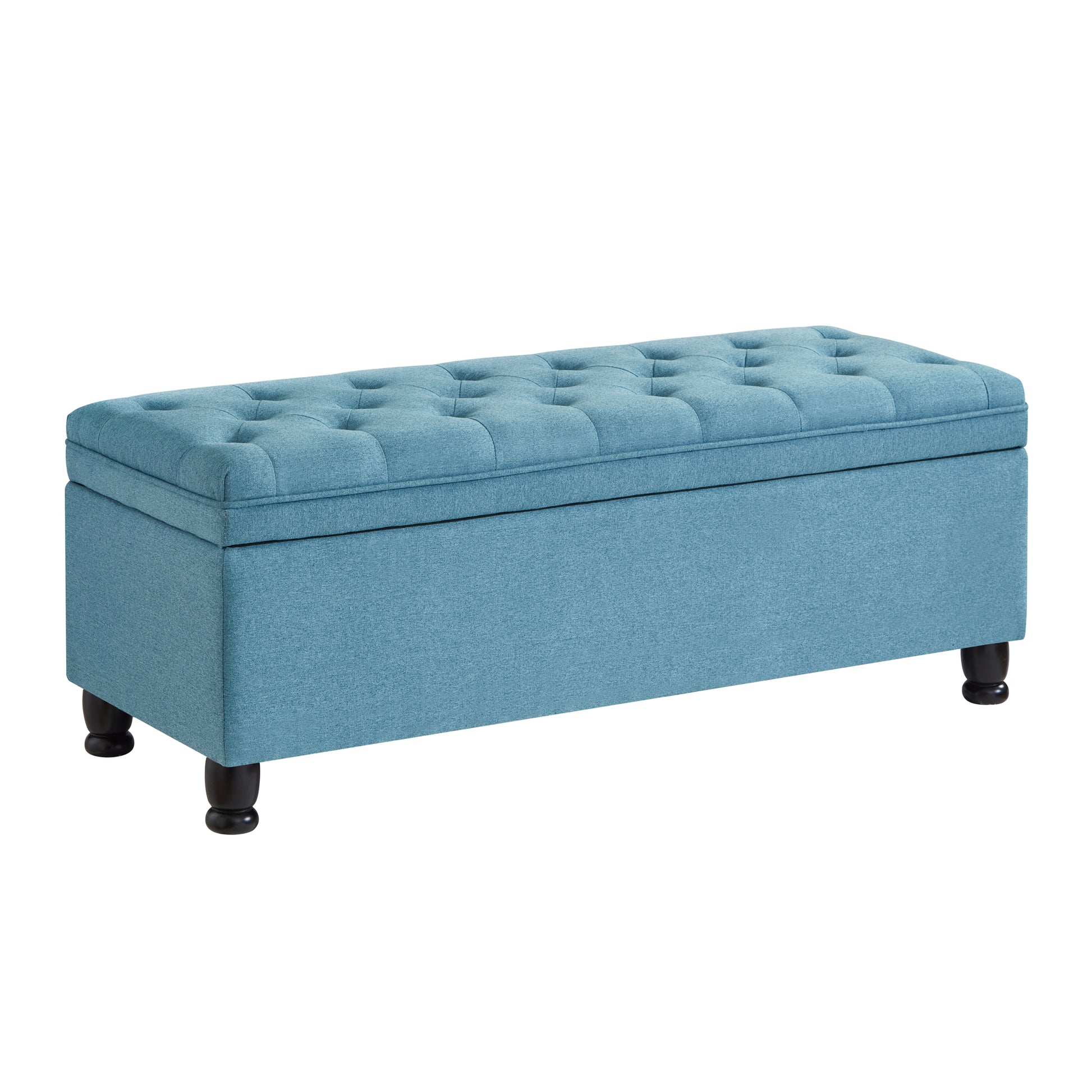 Upholstered Tufted Button Storage Bench ,Linen Fabric Entry Bench With Spindle Wooden Legs, Bed Bench Light Blue Tufted Light Blue Espresso Linen Or Linen Blend Primary Living Space Black American Design Rubberwood Wood Internal Storage Foam Linen