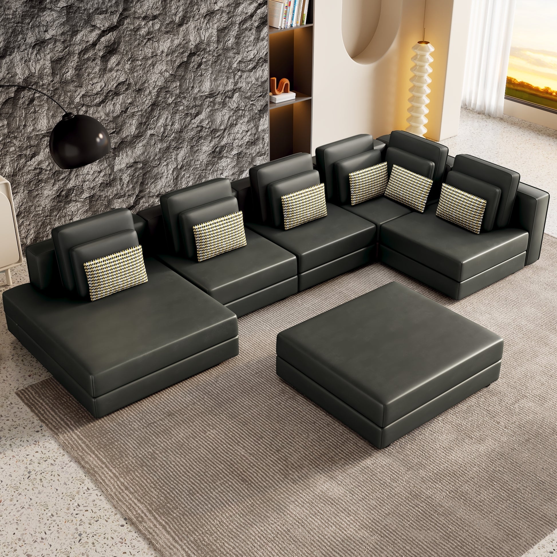 112.7" Modular Sectional Sofa Corner Sofa Chaise Lounge With Movable Ottoman For Living Room, Black Black Foam Palomino Fabric