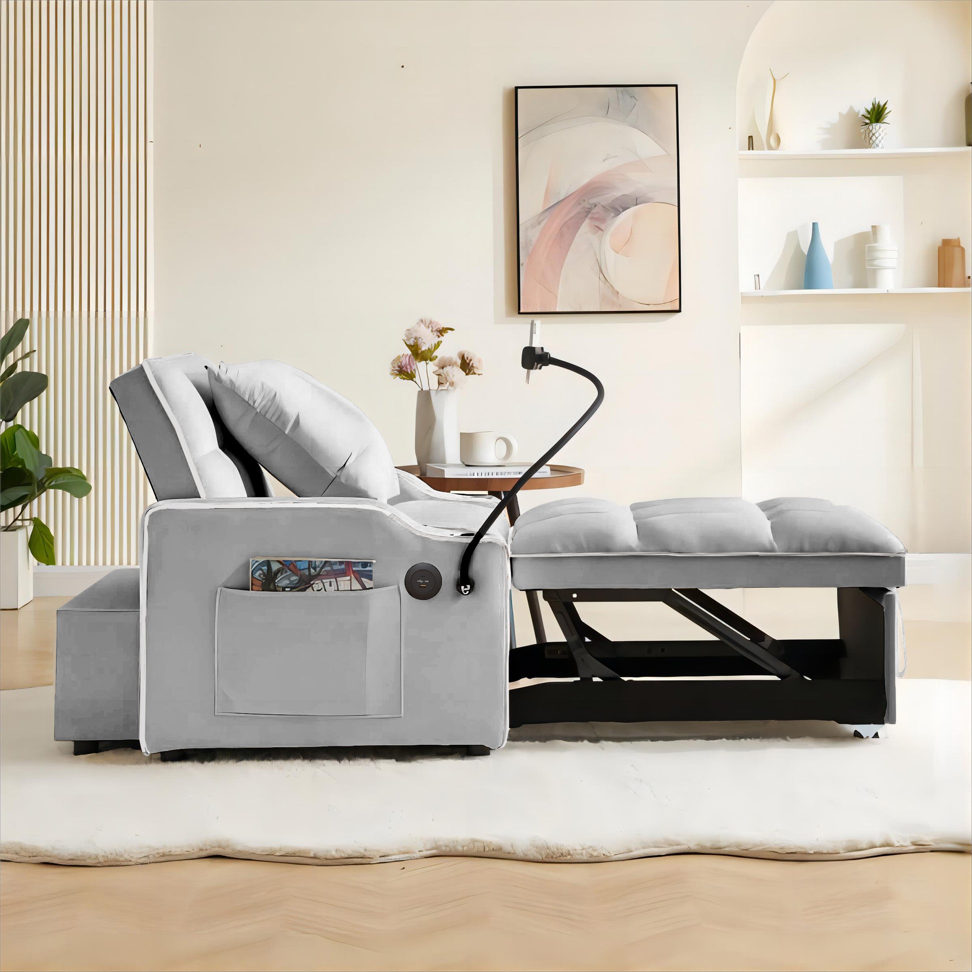 3 In 1 Sofa Bed, Convertible Sleeper Chair Sofa Bed Adjustable Pull Out Sleeper Chair Bed Multi Pockets Folding Sofa Bed For Living Room Bedroom Small Space Grey Grey Velvet 1 Seat