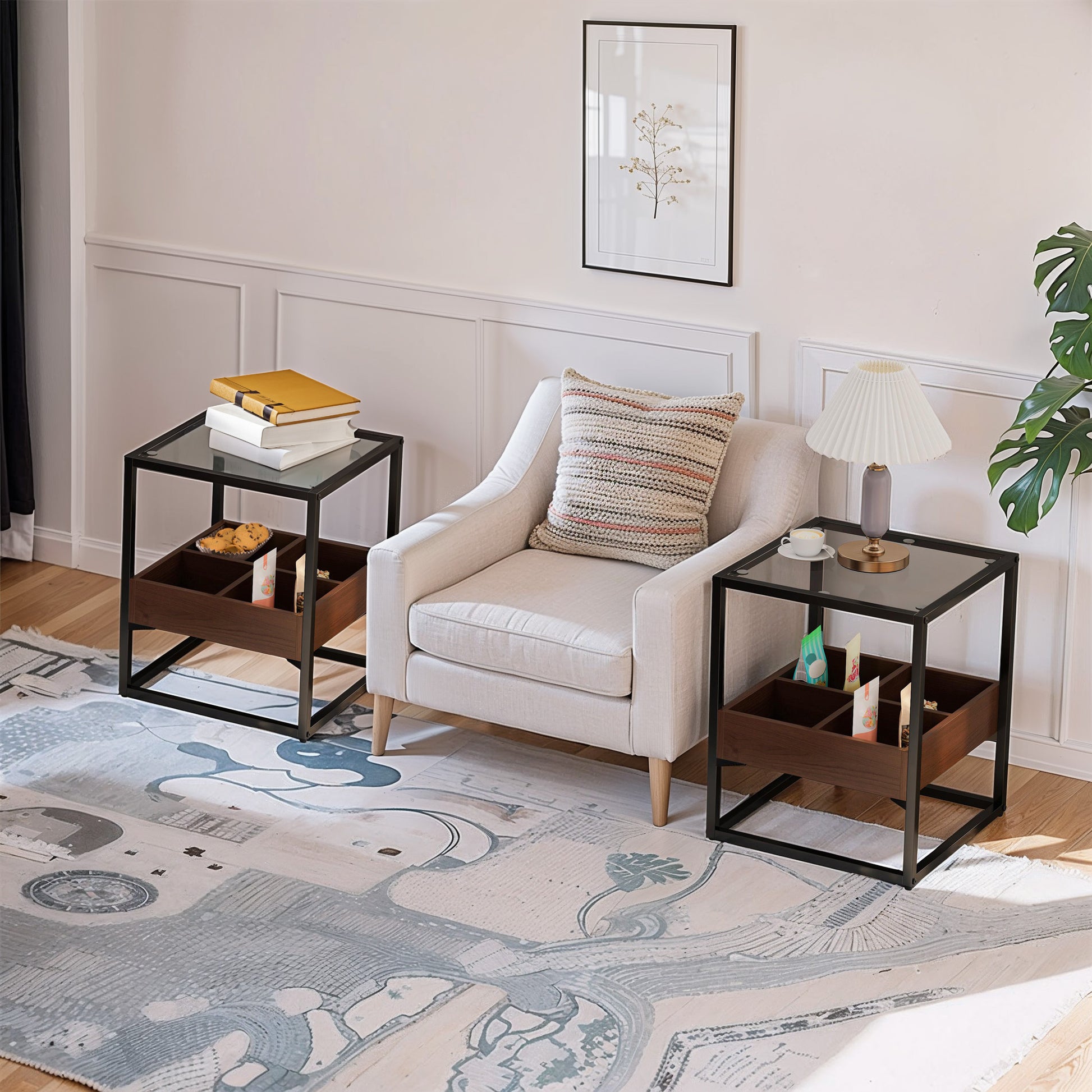 17.72" Modern Coffee Table Side Table, Nightstand With Storage Shelf And Metal Legs For Bedroom, Living Room Set Of 2 Black Mdf Glass