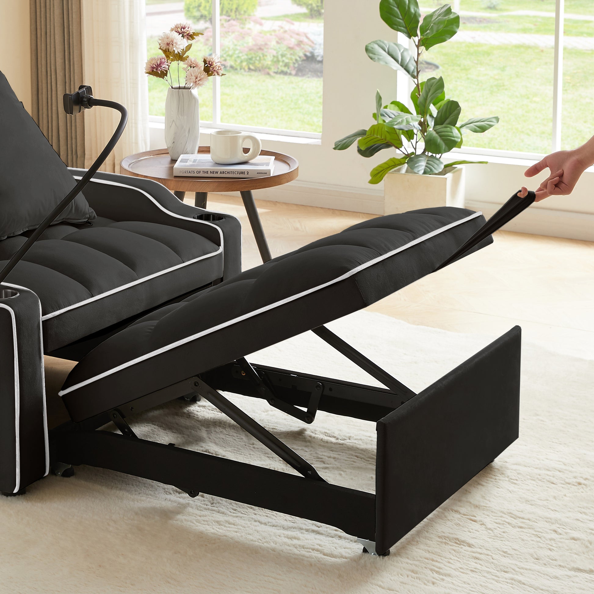3 In 1 Sofa Bed, Convertible Sleeper Chair Sofa Bed Adjustable Pull Out Sleeper Chair Bed Multi Pockets Folding Sofa Bed For Living Room Bedroom Small Space Black Black Velvet 1 Seat