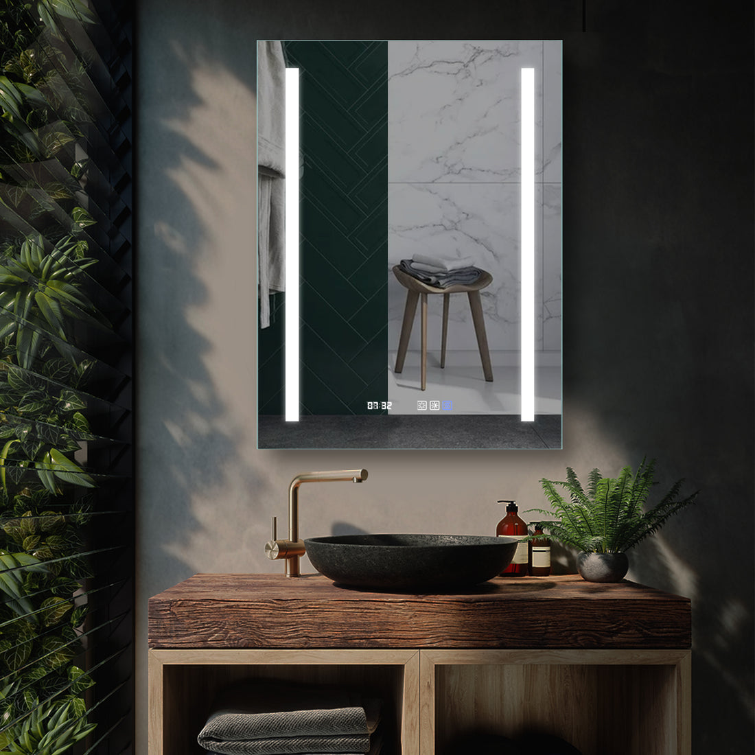 Led Bathroom Vanity Mirror24*32 Inch,Front Light,Clock&Room Temp Display,Defog,Stepless Dimming,Night Light,Lights 3 Color Temper Change,Wall Mounted Led Bathroom Mirror 24X32 Silver Aluminum