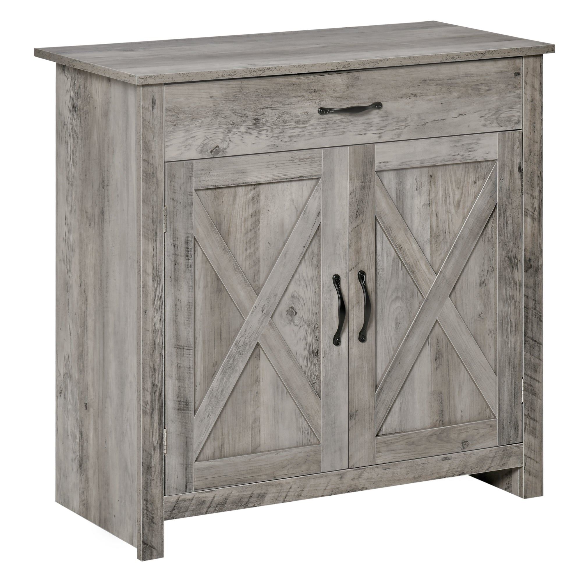 Homcom Farmhouse Sideboard Buffet Cabinet, Barn Door Style Kitchen Cabinet, 32" Accent Cabinet For Kitchen, Living Room Or Entryway, Gray Wash Natural Mdf